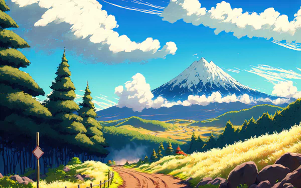 HD anime landscape wallpaper featuring a vibrant mountain scene with a snow-capped peak, lush green trees, and a winding dirt path under a bright blue sky with fluffy clouds.