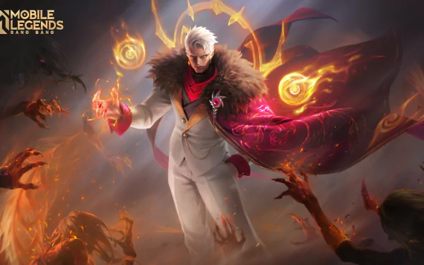 Mobile Legends: Bang Bang HD PC desktop wallpaper — a white-haired hero in a white suit and fur cloak summons swirling fire orbs as shadowy, clawed spirits reach out from a smoky, fiery backdrop.