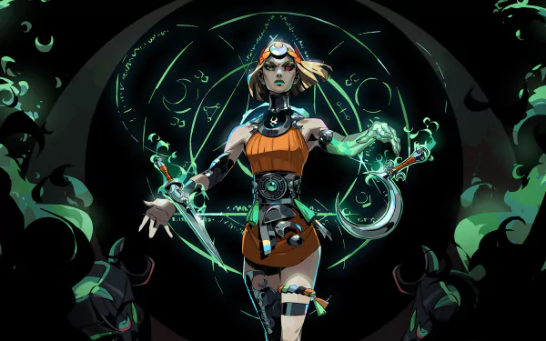 Melinoë from Hades II video game depicted in 4K Ultra HD, surrounded by mystical green energy and dark symbols, creating a striking PC desktop wallpaper.