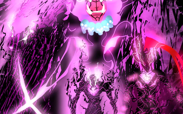 HD anime wallpaper featuring Tusk from Solo Leveling, showcasing a powerful, glowing figure surrounded by dark, intense purple and pink energy effects.