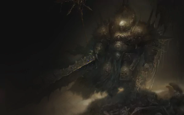Dark, atmospheric 4K Ultra HD Warhammer 40k desktop wallpaper featuring a colossal, menacing figure shrouded in shadows and mist, evoking a grim video game battlefield.