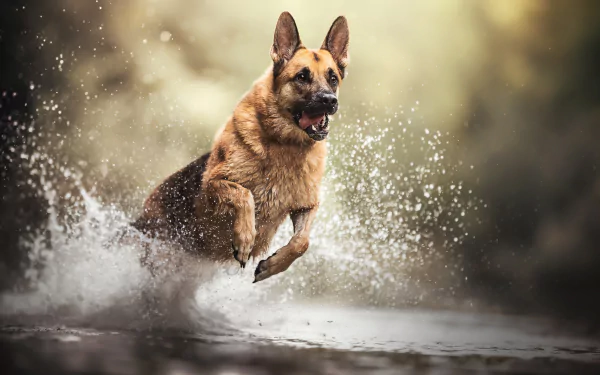 German Shepherd leaping through splashing water, captured in crisp detail — 5K Ultra HD PC desktop wallpaper and background.