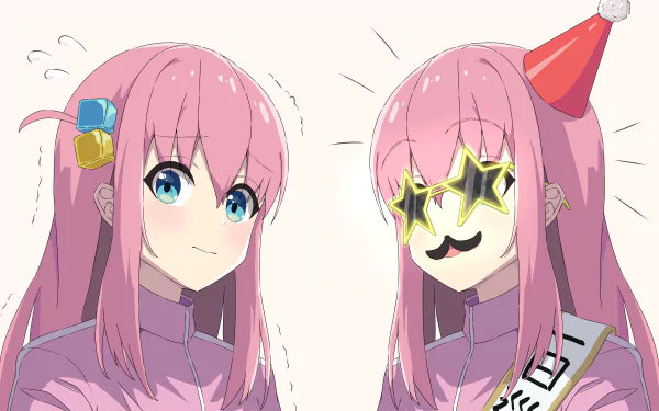 4K Ultra HD anime wallpaper featuring Hitori Gotou from Bocchi the Rock! with pink hair, blue eyes, and playful party accessories.