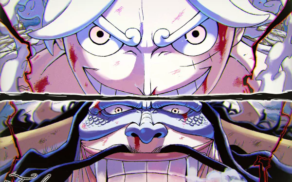 HD anime wallpaper featuring intense close-up of Monkey D. Luffy in Gear 5 and Kaido from One Piece, showcasing the epic Luffy vs Kaido battle scene.