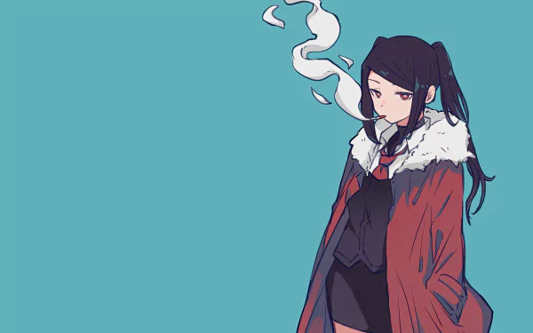 Anime girl with long dark hair and a red coat exhales smoke against a light blue background, rendered in 8K Ultra HD for a striking PC desktop wallpaper.