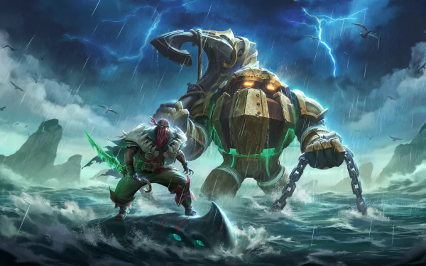HD PC desktop wallpaper background of the League of Legends video game: Pyke and Nautilus clash on stormy seas under jagged lightning.