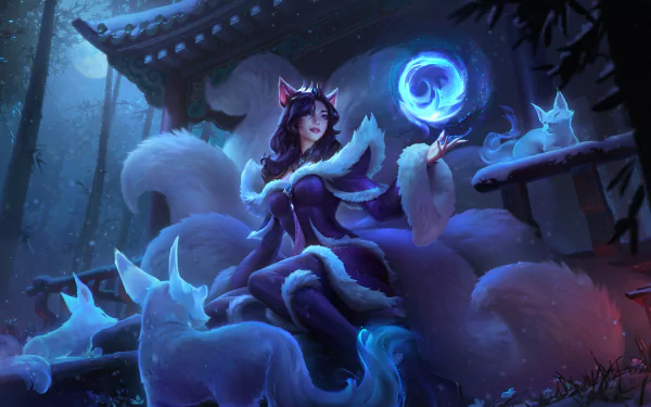 Ahri from League of Legends showcased in a high-definition desktop wallpaper, featuring a vibrant and captivating digital art representation.