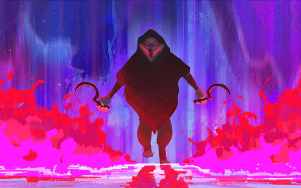 HD PC desktop wallpaper featuring Wolf from the movie Puss in Boots: The Last Wish, surrounded by vibrant purple and red glowing effects in a dynamic pose.