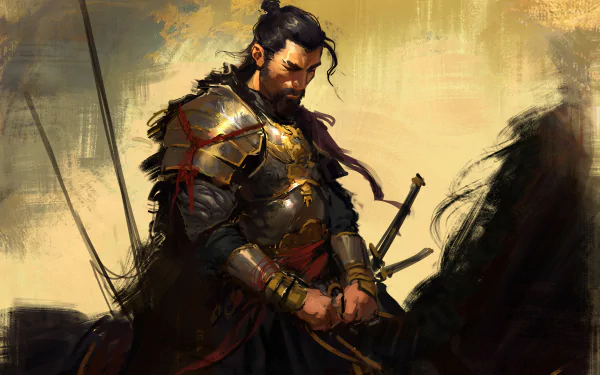 Fantasy samurai in ornate armor on horseback, gripping a sword beneath a stormy, painterly sky — cinematic 4K Ultra HD PC desktop wallpaper/background.