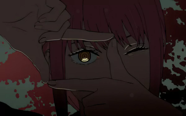 8K Ultra HD anime wallpaper featuring Makima from Chainsaw Man, showcasing her intense gaze framed by her fingers against a dark, blood-splattered background.