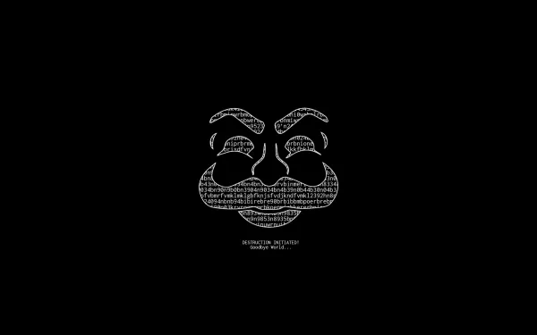 4K Ultra HD PC desktop wallpaper of a stylized Anonymous (Guy Fawkes) mask formed from white code on a black background, technology-themed.