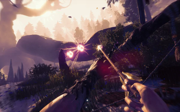 HD wallpaper featuring a first-person view of an archer aiming an arrow towards a mystical light in a fantasy forest setting, tagged with Blacktail.