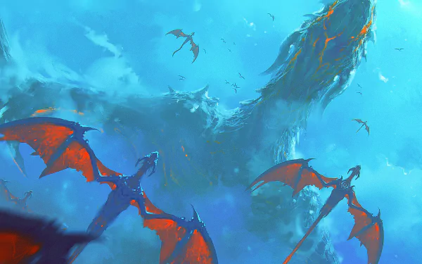 HD fantasy desktop wallpaper featuring a group of red dragons soaring in a vibrant blue sky with a massive shadowy dragon form in the background.