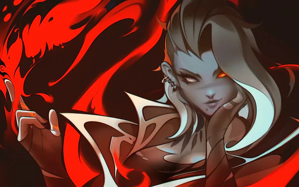 HD PC wallpaper of Fade from the video game Valorant: close-up of the agent with pale-streaked hair, glowing eyes and red spectral tendrils swirling behind her.