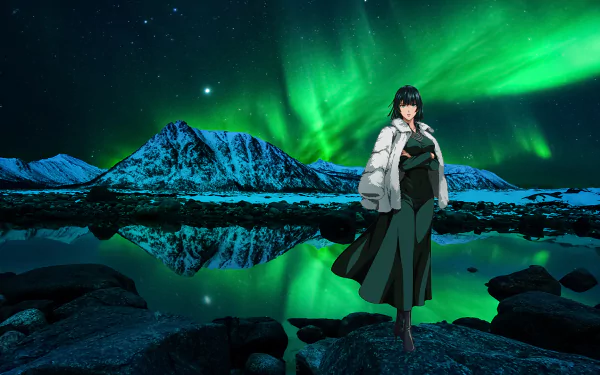 Fubuki (One-Punch Man) stands on a rocky shore beneath vivid aurora, icy mountains reflected in a lake — anime HD PC desktop wallpaper background.