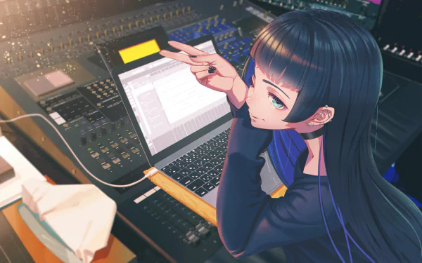 Anime-style 4K Ultra HD desktop wallpaper featuring PA-san from Bocchi the Rock! working at a sound mixing console with a laptop in a dimly lit studio.