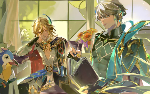 4K Ultra HD PC desktop wallpaper featuring Al-haitham and Kaveh from the video game Genshin Impact, depicted in a detailed and vibrant indoor setting.