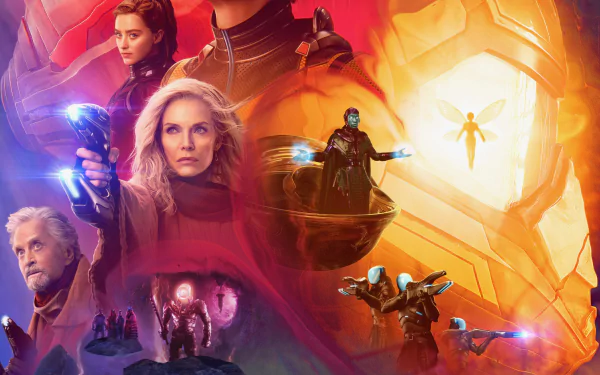 8K Ultra HD PC desktop wallpaper of Ant-Man and The Wasp: Quantumania — heroes and foes posed in a glowing quantum realm, energy blasts and towering machinery.