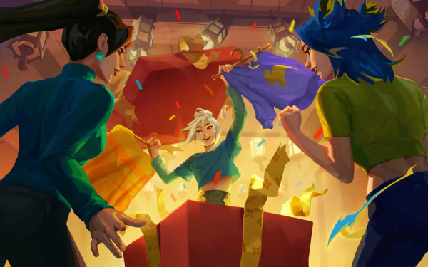 HD PC desktop wallpaper featuring Jett, Sage, and Neon from the video game Valorant celebrating amid confetti and festive lighting.