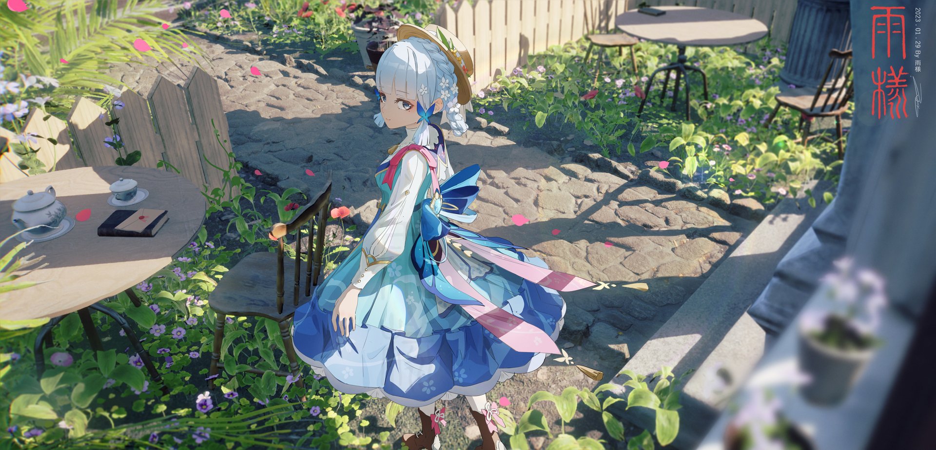 HD PC desktop wallpaper featuring Kamisato Ayaka from the video game Genshin Impact, standing in a sunlit garden with flowers and outdoor tables.