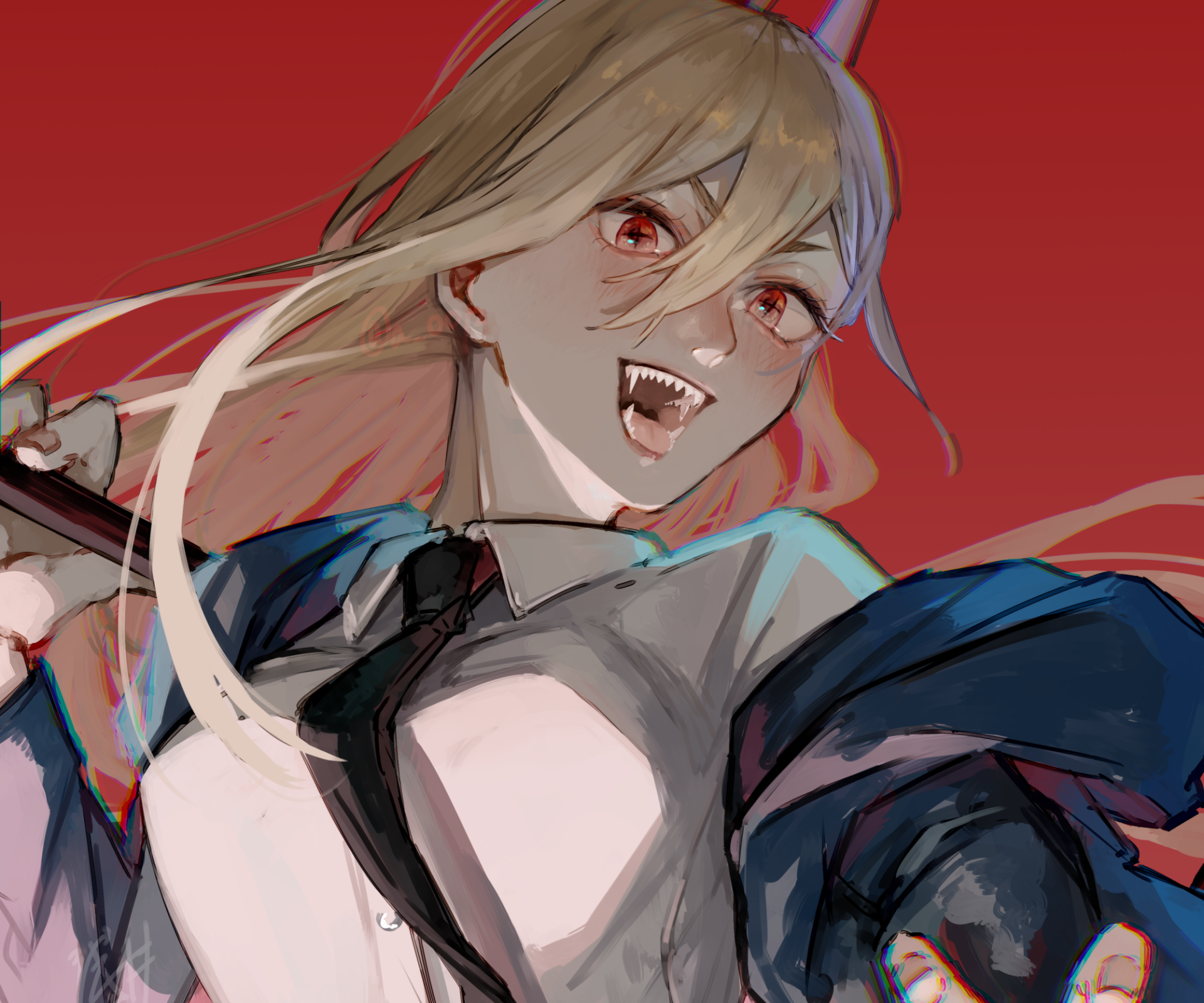 HD PC desktop wallpaper featuring an anime-style character from Chainsaw Man with long blonde hair, red eyes, and a dynamic pose against a red background.