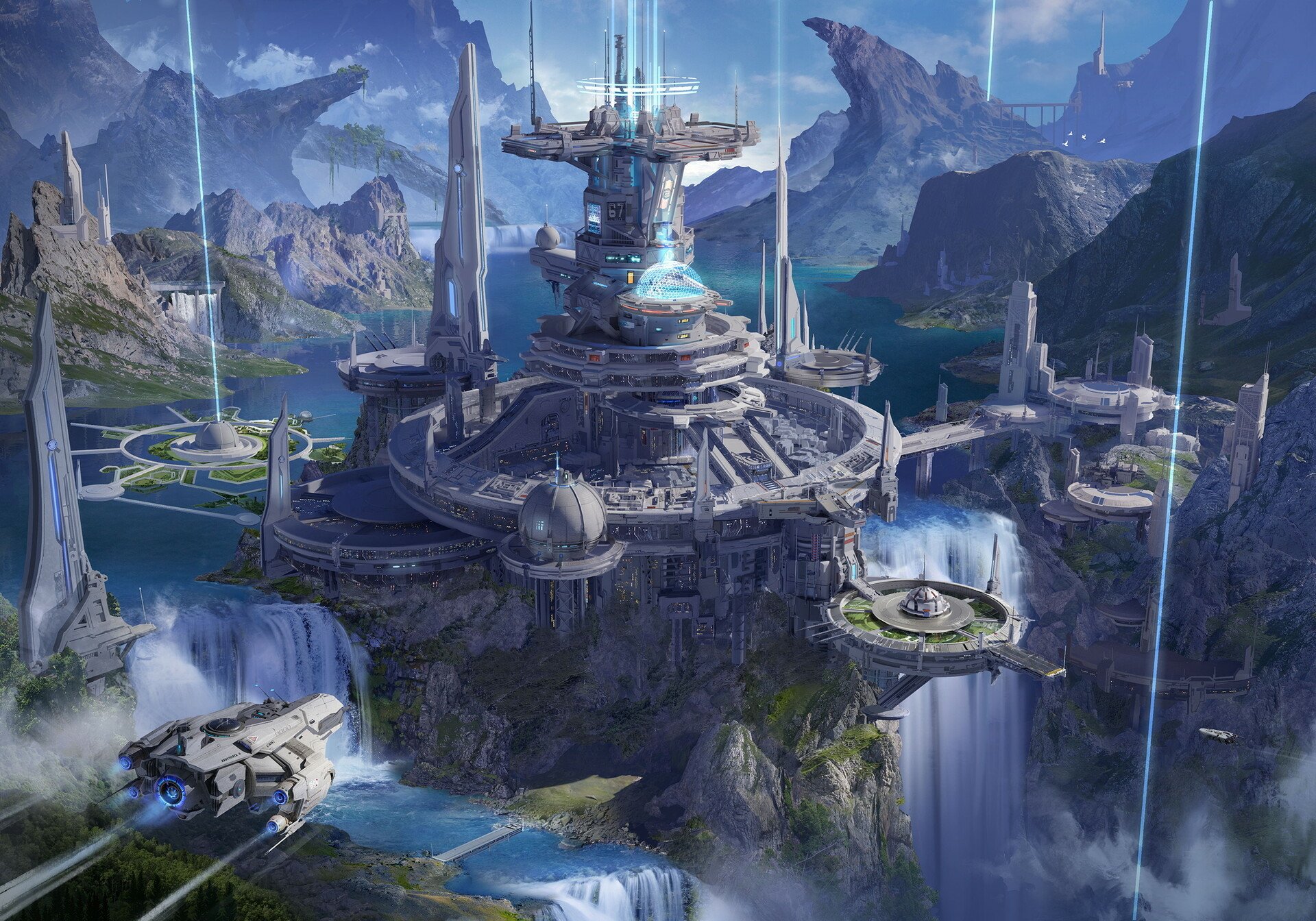 Futuristic sci-fi city with advanced architecture set amidst waterfalls and mountainous terrain, depicted in high-definition for a PC desktop background.