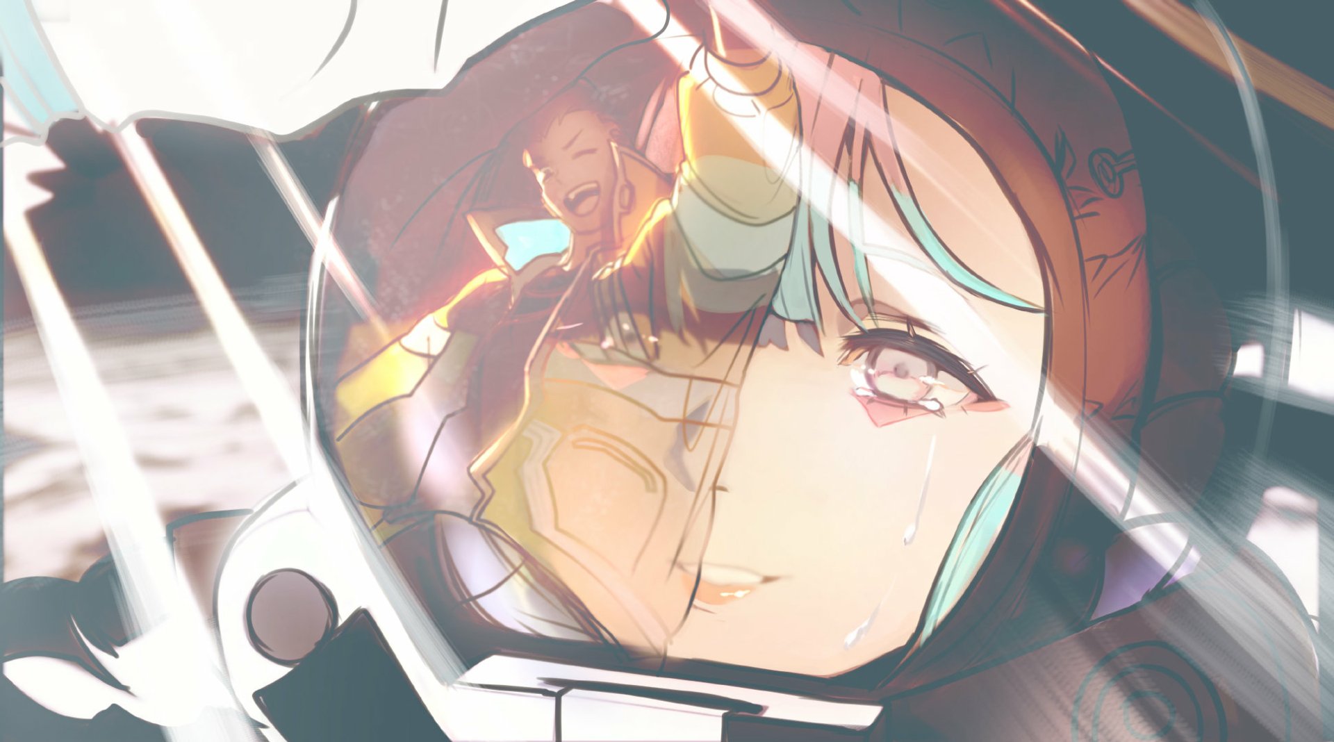 HD PC desktop wallpaper featuring Lucy from the anime Cyberpunk: Edgerunners, capturing her reflective expression with vibrant cyberpunk-style details.