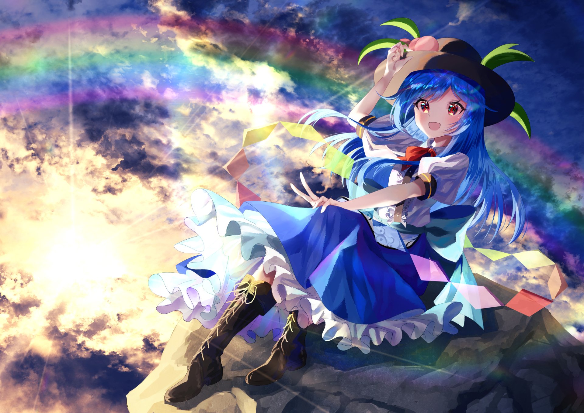 HD anime desktop wallpaper featuring Tenshi Hinanai from Touhou, depicted with a vibrant rainbow and dynamic sky background.
