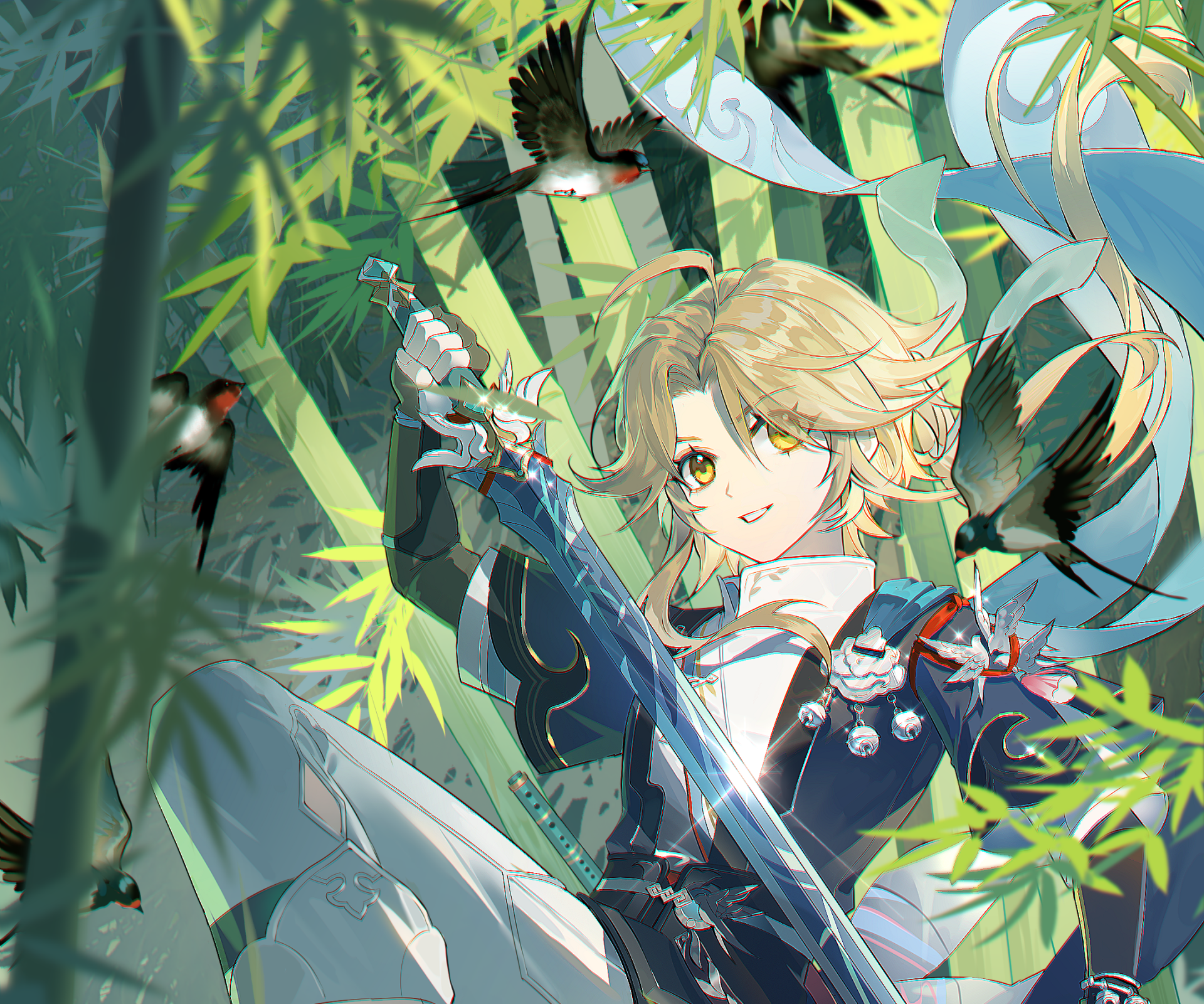 HD PC desktop wallpaper featuring Yanqing from the video game Honkai: Star Rail, set against a vibrant background with green foliage and dynamic action poses.