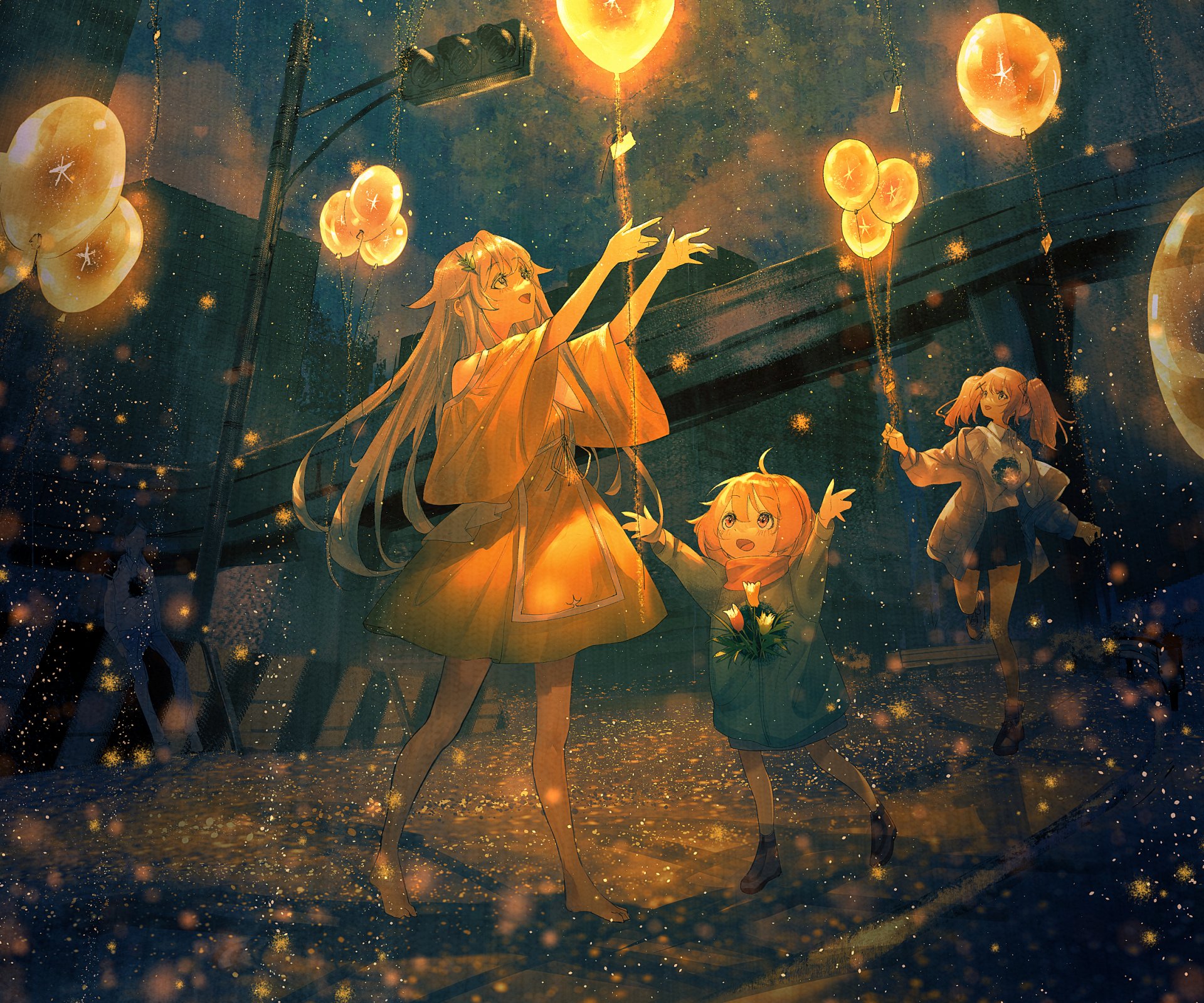 HD PC desktop wallpaper: three anime friends in warm dresses releasing glowing lanterns into a starry, magical night.