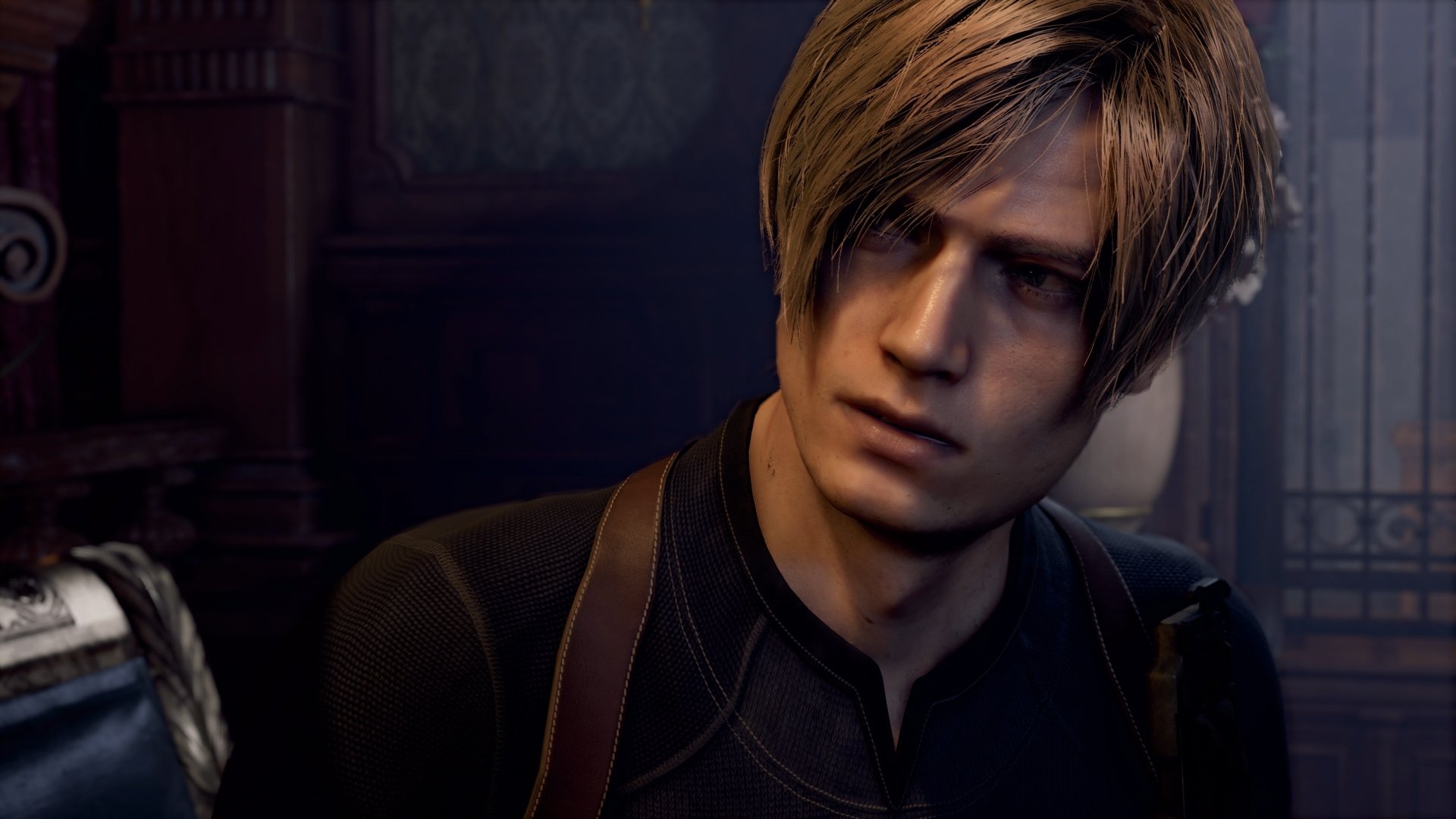 4K Ultra HD wallpaper featuring Leon S. Kennedy from the 2023 Resident Evil 4 video game, showcasing detailed character design and atmospheric lighting on a PC desktop.