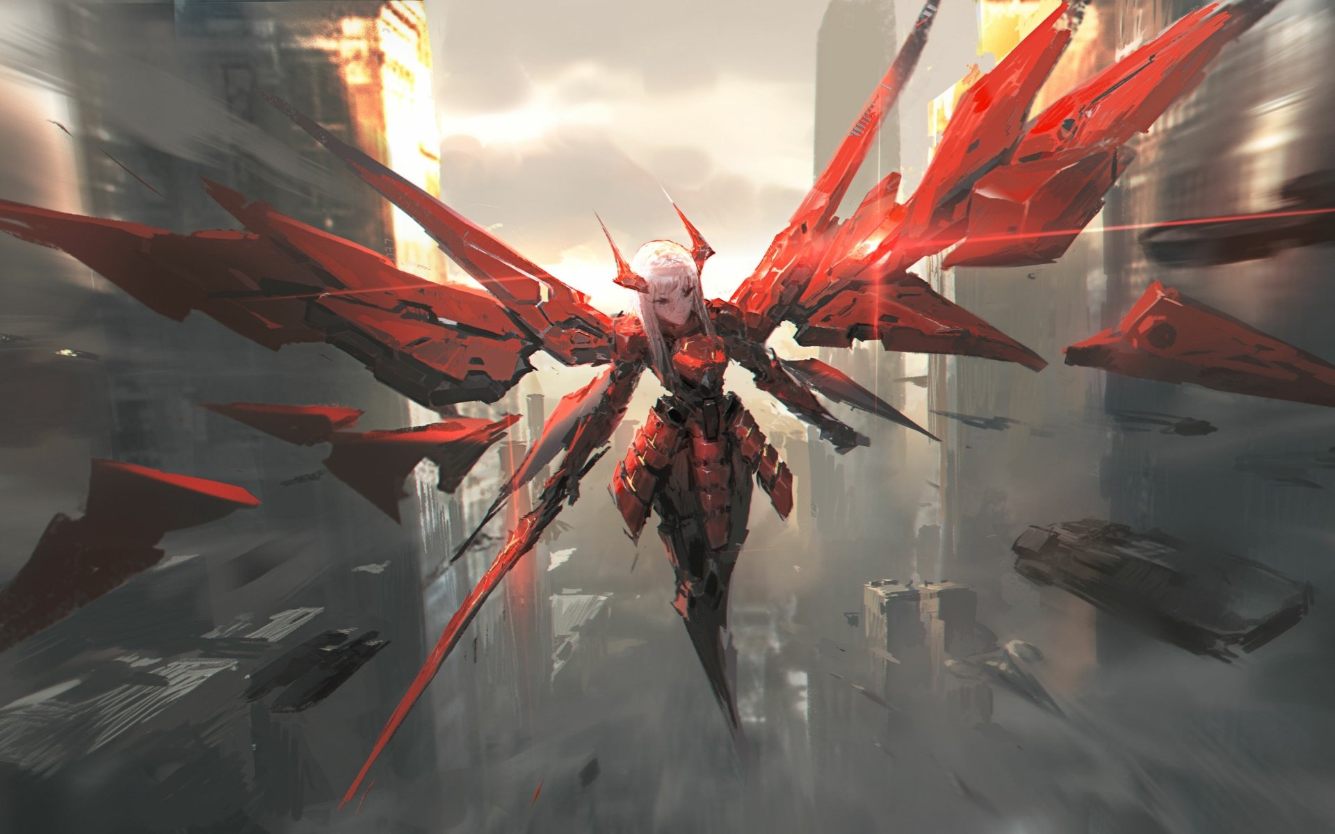 Anime Yu-Gi-Oh! HD PC wallpaper of a red-crystal winged armored figure hovering over a ruined city, shards and dramatic light streaks cutting through the haze.