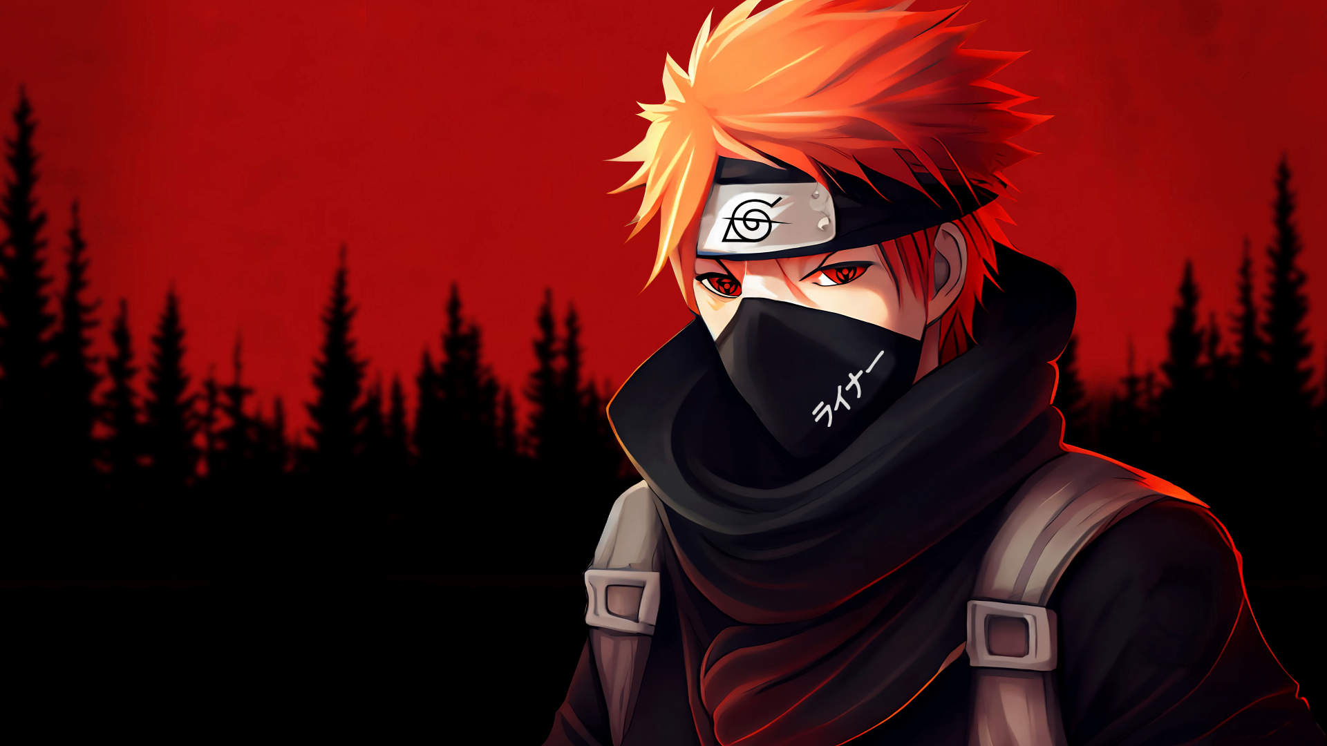 4K anime desktop wallpaper of a masked Uchiha Clan ninja (Boruto era) displaying a Mangekyō Sharingan red eye against a crimson forest backdrop.
