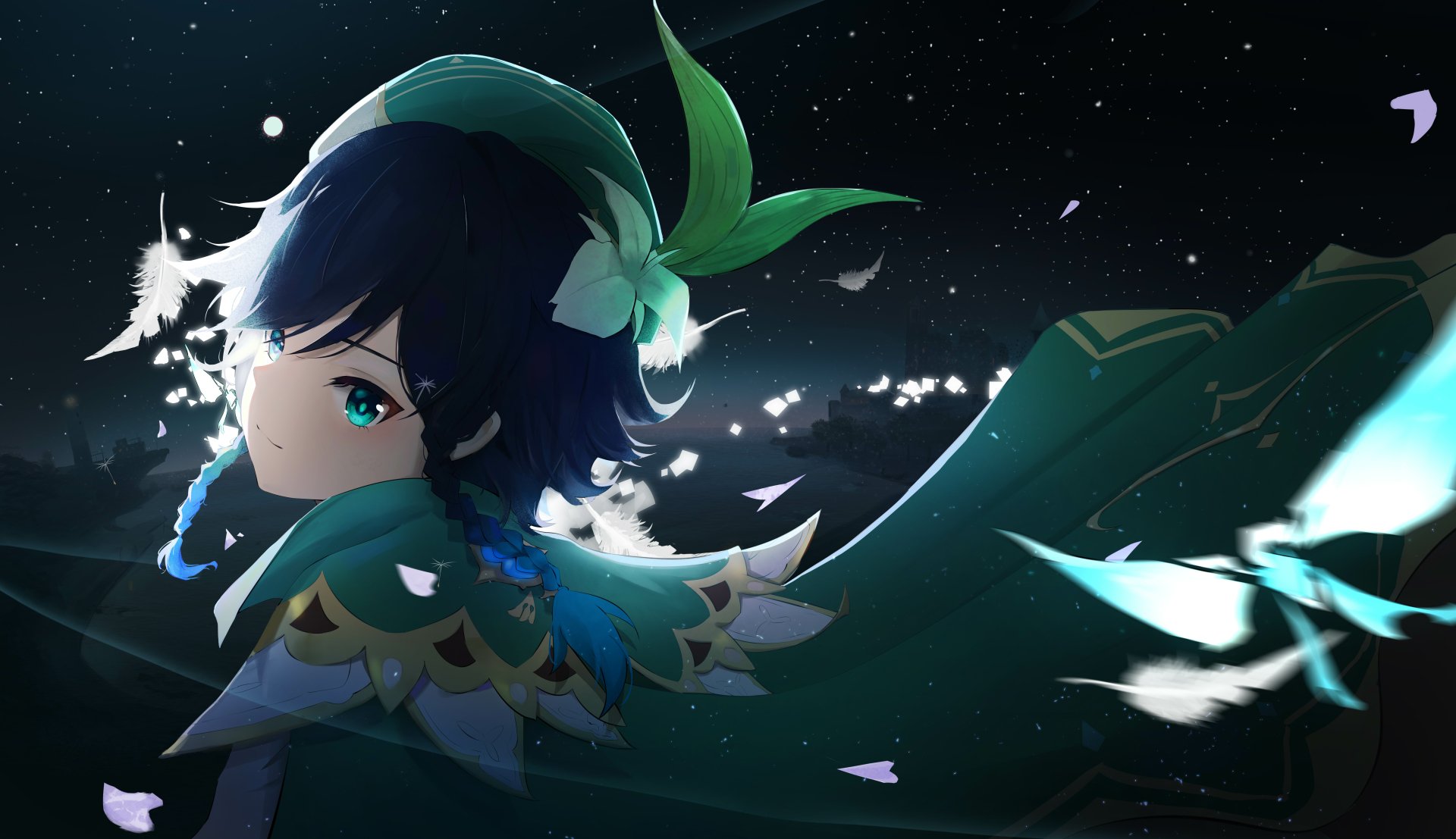 Venti (Genshin Impact) against a starry night, teal cloak and feathers drifting — 5K Ultra HD PC desktop wallpaper/background.