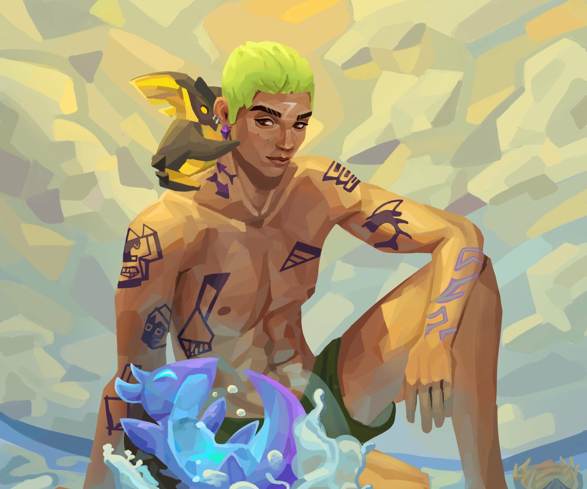 Gekko (Valorant) poster-style portrait with neon-green hair and tattoos, tropical palette — 2K Quad HD PC desktop wallpaper/background for the Valorant video game.