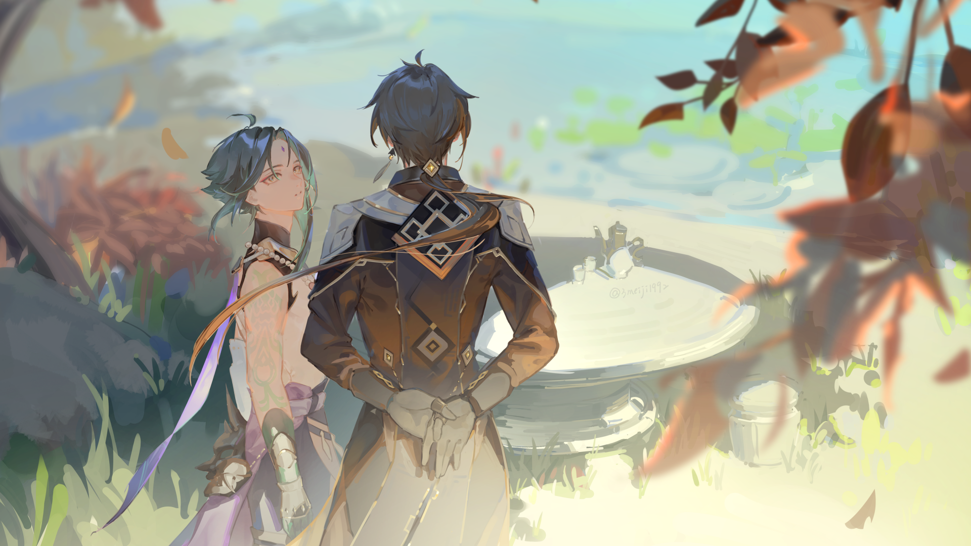 Zhongli and Xiao from Genshin Impact stand by a sunlit stone basin amid falling leaves; 5K Ultra HD PC desktop wallpaper and background with soft pastel lighting.