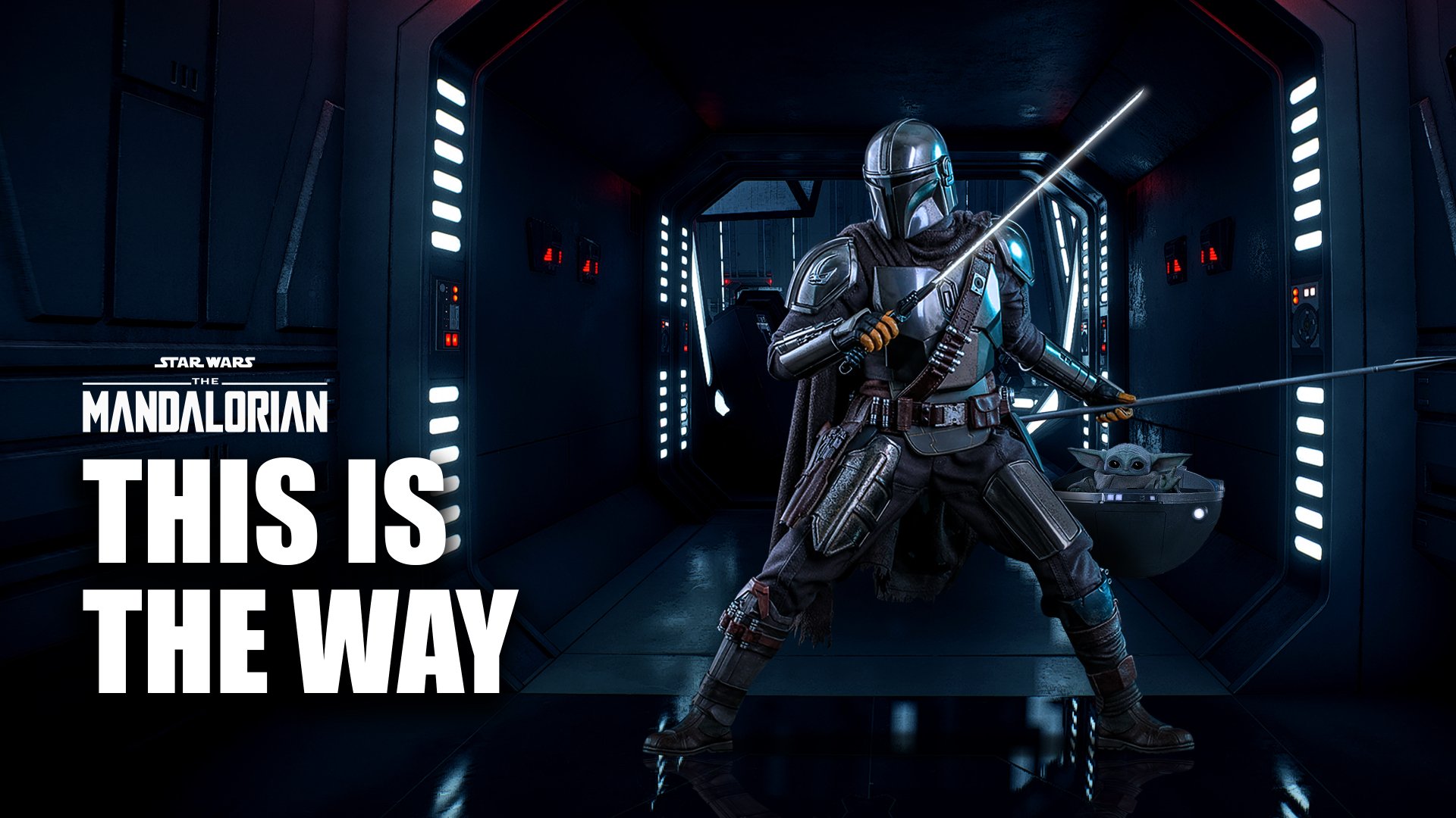 4K Ultra HD PC desktop wallpaper: The Mandalorian (TV Show) — armored warrior in a dark spaceship corridor wielding blade and blaster, This Is The Way text, mandalorian war motif.