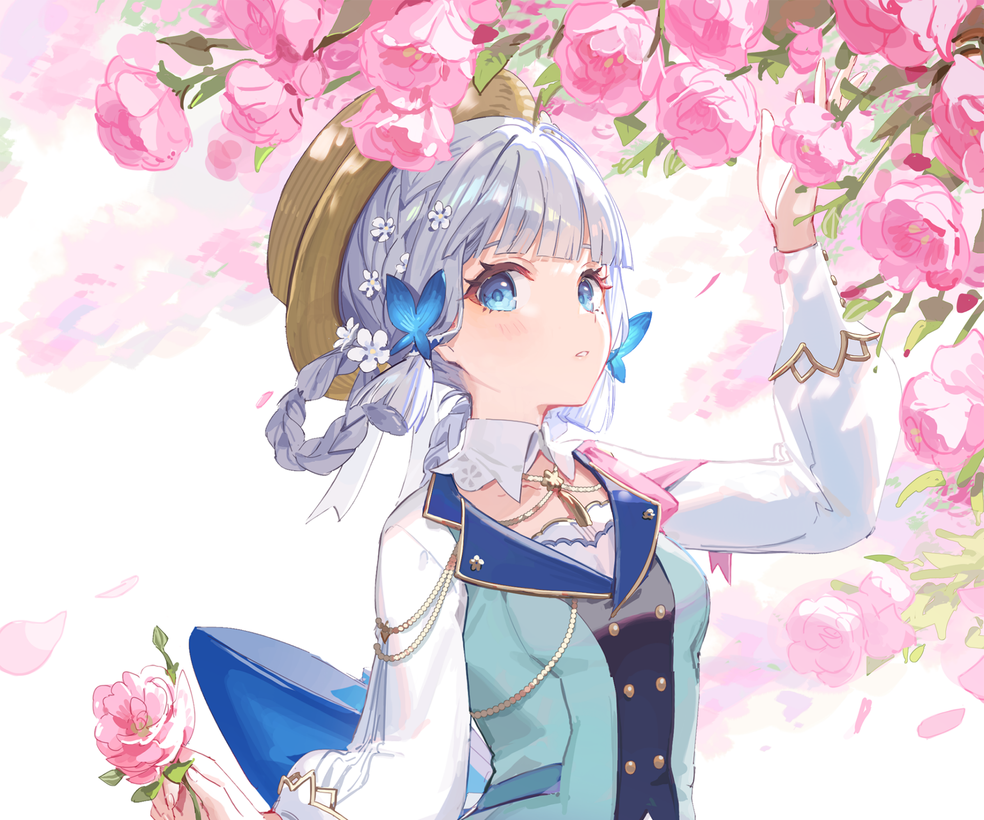 HD PC desktop wallpaper of Kamisato Ayaka from the video game Genshin Impact: silver-haired, blue-eyed character in an ornate outfit, gazing amid pink cherry blossoms.