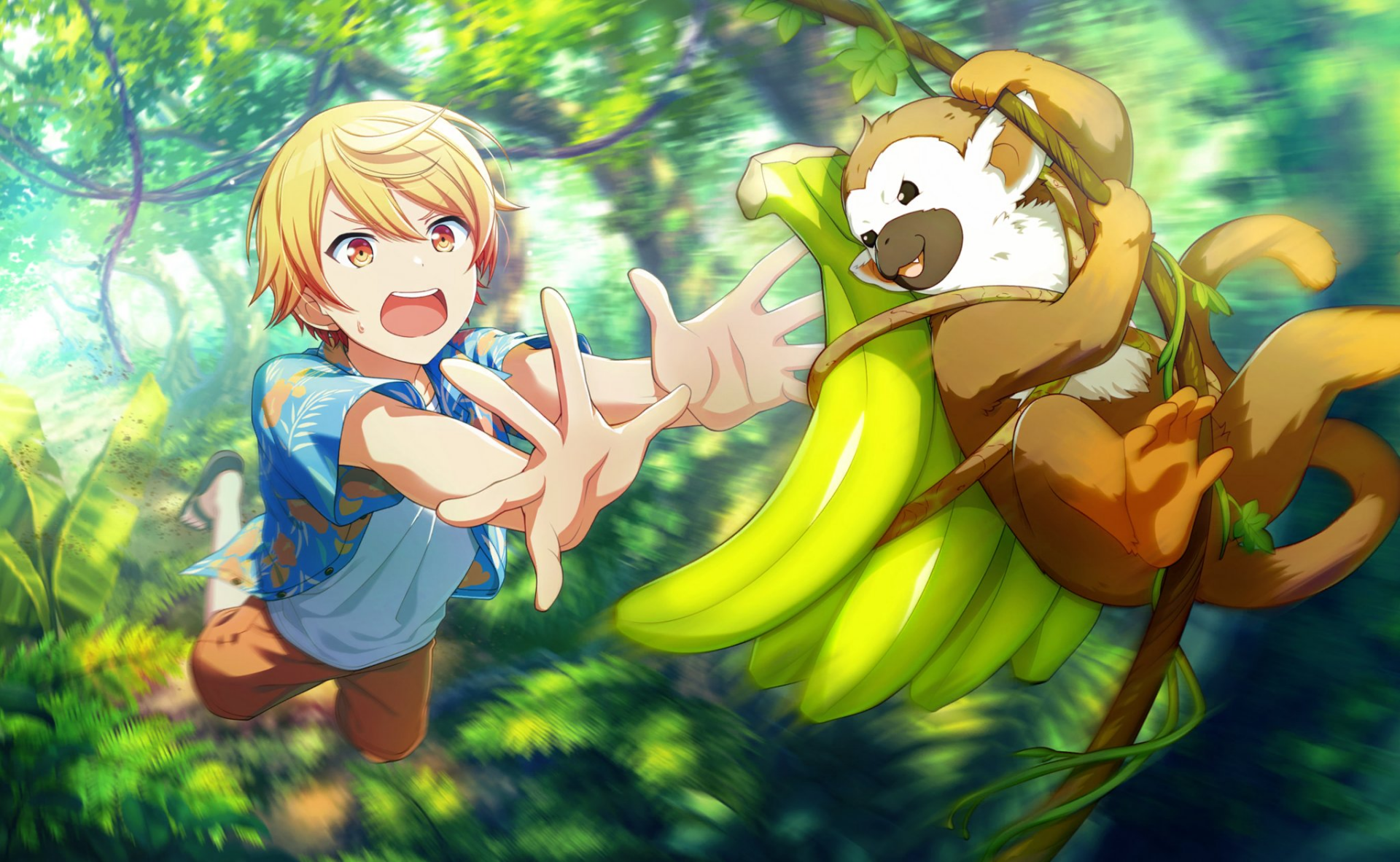 HD PC desktop wallpaper of Tenma Tsukasa from the video game Project Sekai: Colorful Stage! feat. Hatsune Miku — reaching toward a playful mascot swinging on bananas in a sunlit forest.