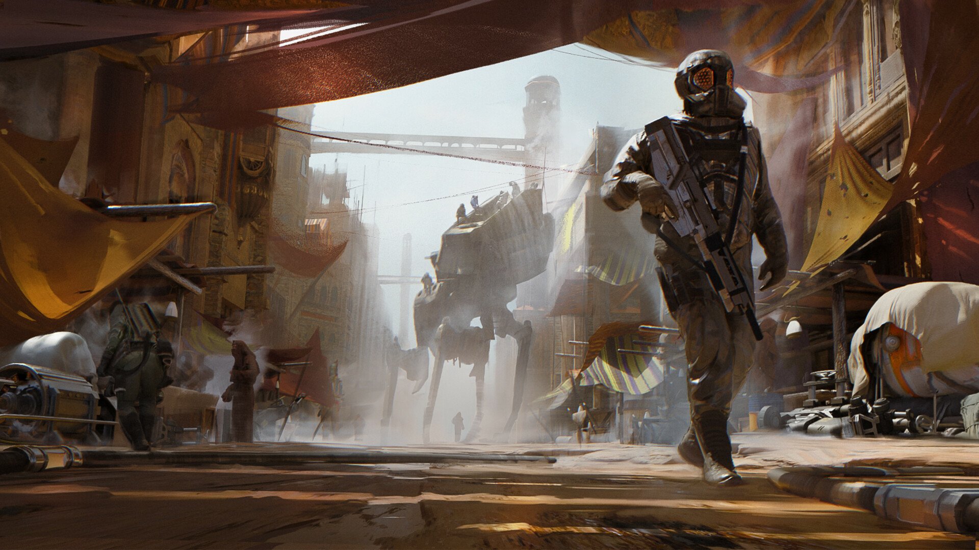 Sci-fi futuristic HD PC desktop wallpaper/background: a dusty market street with stalls, a lone armored soldier with a rifle and towering combat mechs striding past a distant city bridge.