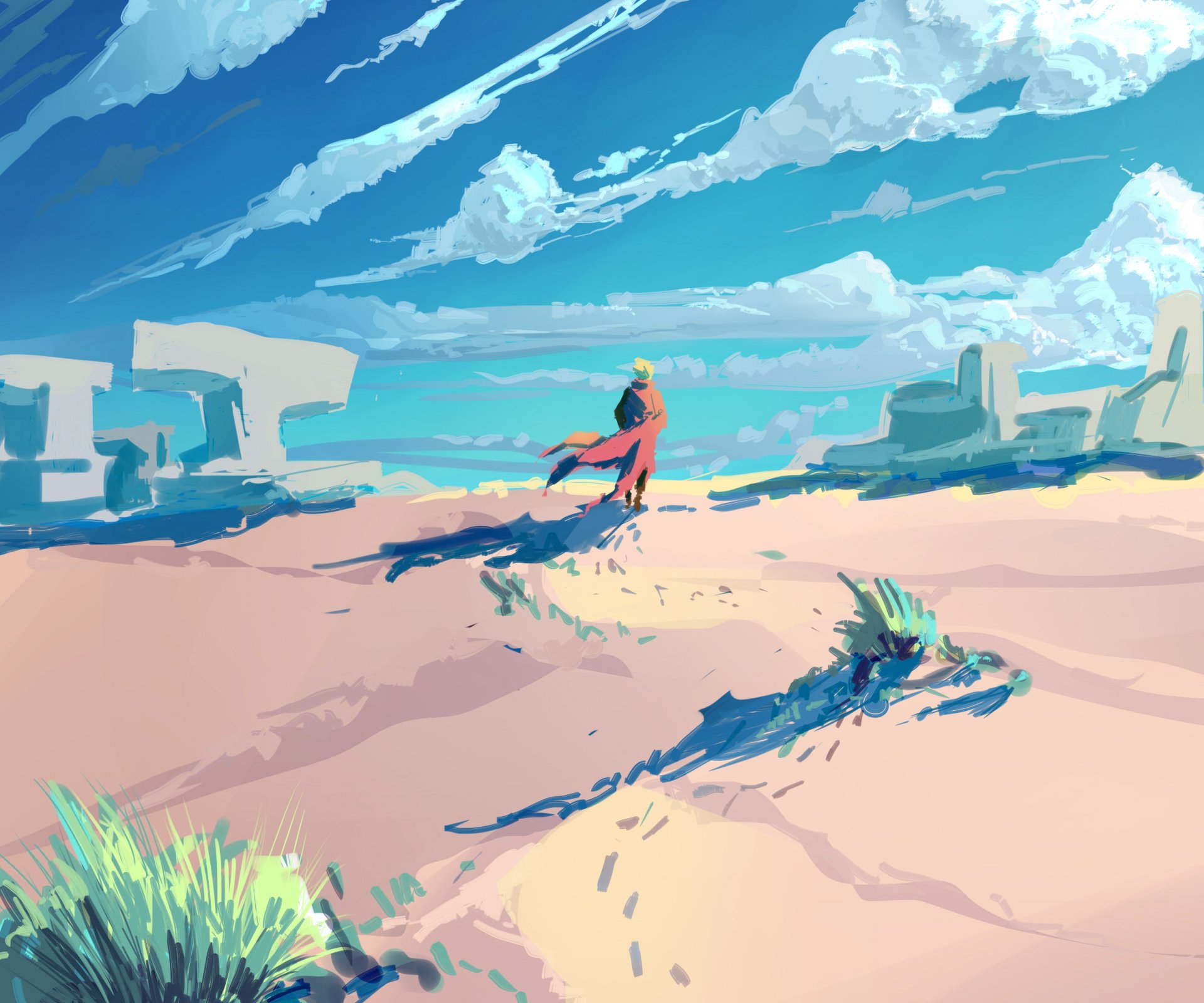 Trigun Stampede anime desert: lone red-coated figure walks toward distant sandstone ruins under a bright blue sky — HD PC desktop wallpaper and background.