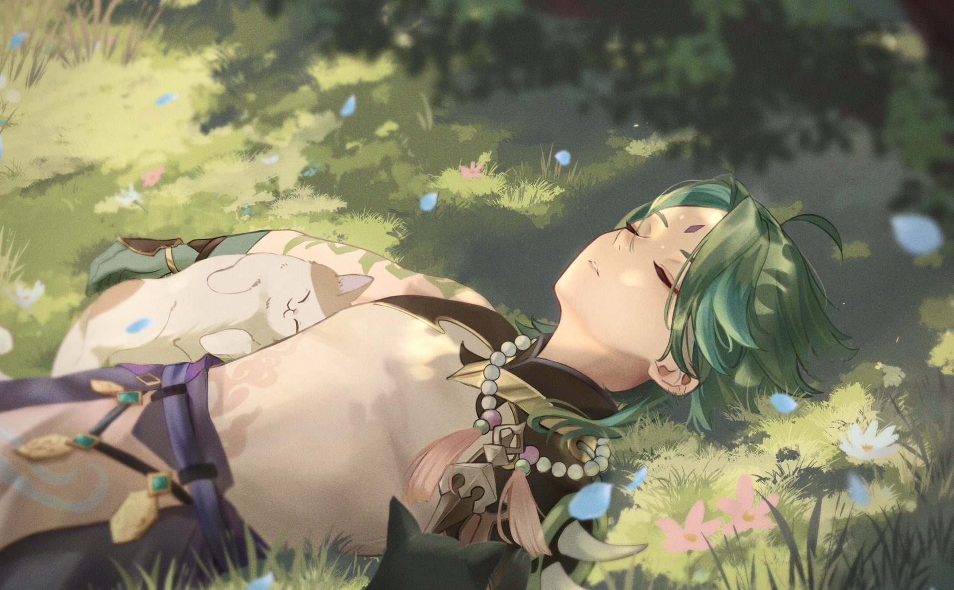 Xiao from Genshin Impact rests peacefully in a sunlit meadow, captured in a detailed 4K Ultra HD PC desktop wallpaper from the video game.