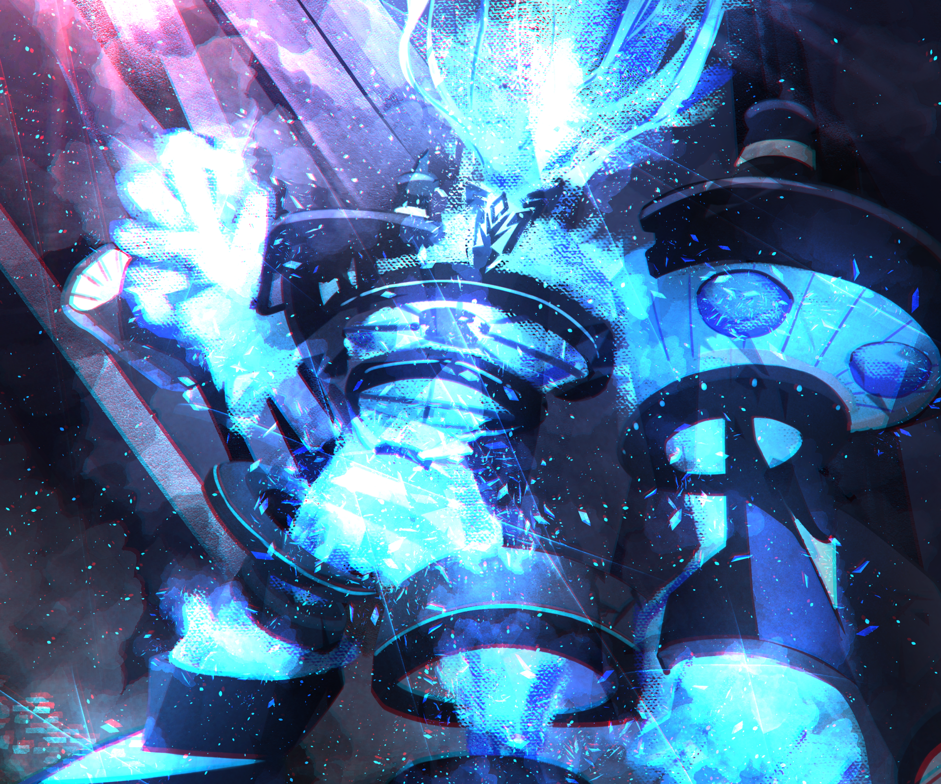 HD PC desktop wallpaper: Anime Yu-Gi-Oh! scene of glowing blue mechanical towers emitting shattered crystal energy against a starry, cosmic backdrop.