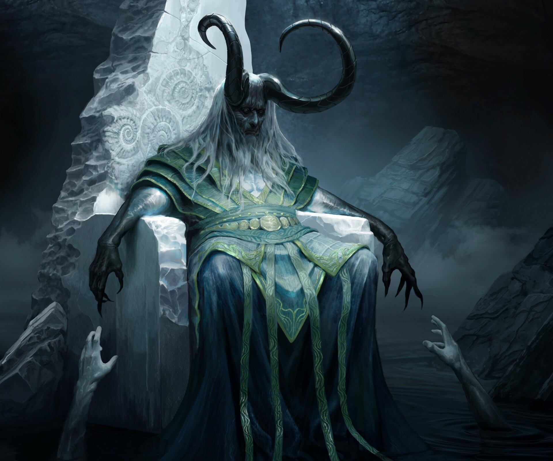 HD PC desktop wallpaper of a dark, menacing demon seated on a stone throne, surrounded by eerie hands reaching out in a shadowy, ominous environment.