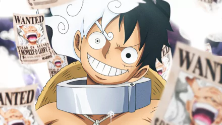 HD PC wallpaper of Monkey D. Luffy in Gear 5 (One Piece), anime-style close-up grinning with white hair and collar as wanted posters swirl across the background.