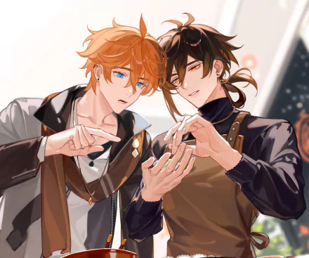 HD PC desktop wallpaper featuring Zhongli and Tartaglia Childe from the video game Genshin Impact, showcasing detailed character art and vibrant colors.