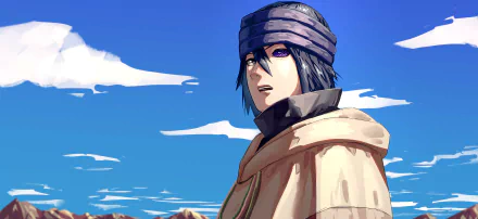 HD desktop wallpaper featuring Sasuke Uchiha from the anime Naruto, against a vibrant blue sky and mountainous backdrop.