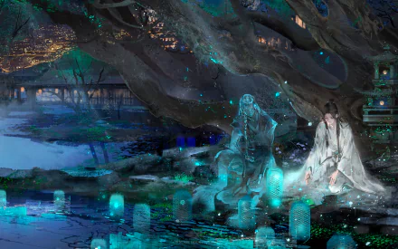 HD anime desktop wallpaper featuring Xie Lian and Hua Cheng from Tian Guan Ci Fu, depicted in a mystical nighttime scene with glowing lanterns by the water.