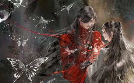 HD anime PC wallpaper featuring Xie Lian and Hua Cheng from Tian Guan Ci Fu, surrounded by ethereal butterflies and red threads in a dark, mystical setting.