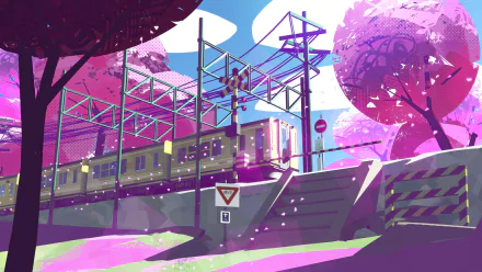Anime-style HD desktop wallpaper depicting a Japanese train passing under a vibrant sky, surrounded by pink trees and power lines, blending elements of train and sky anime.